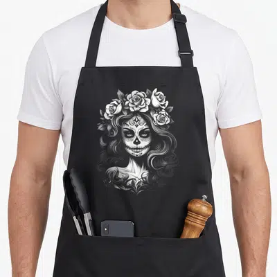 Tablier de cuisine noir avec illustration monochrome d'une Catrina aux roses et motifs de crâne sucré.