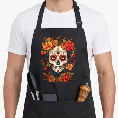 Tablier de cuisine noir avec un crâne mexicain floral entouré de roses orange et rouges aux détails détaillés.