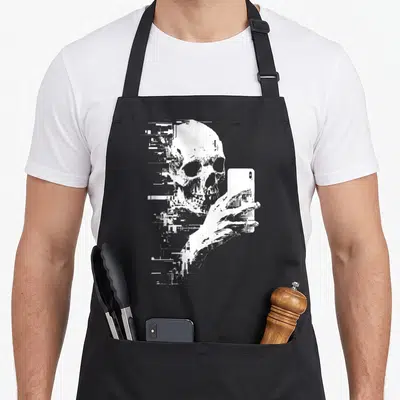 Tablier de cuisine noir avec une tête de mort tenant un téléphone portable en style pixel art blanc.