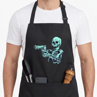 Tablier de cuisine noir avec illustration d'un squelette turquoise tenant un pistolet revolver.