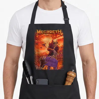 Tablier de cuisine noir avec illustration d'un squelette en costume tenant une pancarte For Sale sous un ciel rouge apocalyptique.