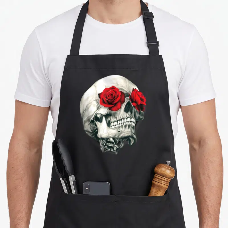 Tablier de cuisine noir avec une tête de mort illustrée portant des roses rouges vives sur les orbites.