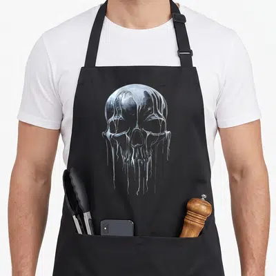 Tablier de cuisine noir avec illustration d'un crâne en métal liquide aux reflets argentés et gris.