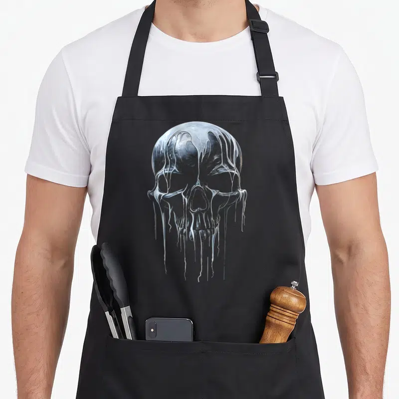 Tablier de cuisine noir avec illustration d'un crâne en métal liquide aux reflets argentés et gris.