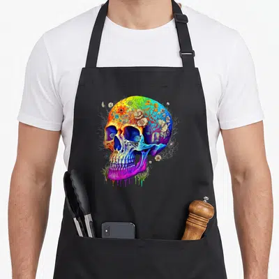 Tablier de cuisine noir avec tête de mort multicolore fleurie, papillon et champignons peints dans un style fantastique.