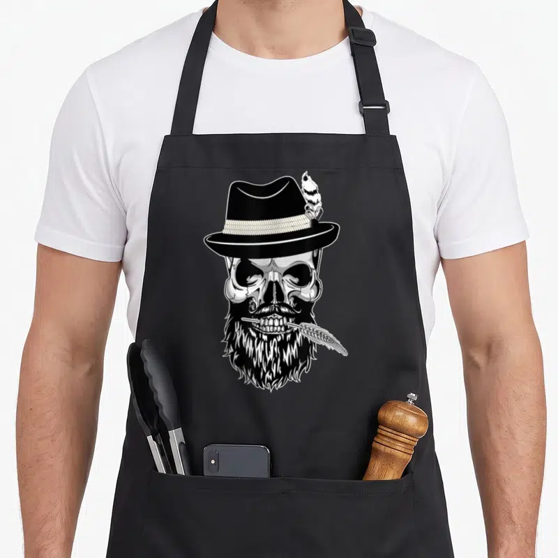 Tablier de cuisine noir avec une tête de mort barbu portant un chapeau et tenant un épis de blé dans sa bouche.