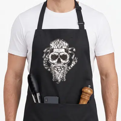 Tablier de cuisine noir avec un crâne viking barbu aux cheveux tressés en dessin blanc.
