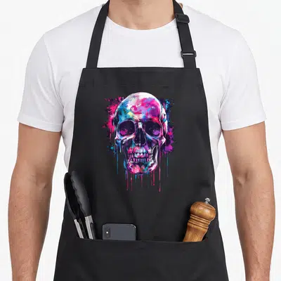 Tablier de cuisine noir avec illustration colorée d'un crâne style graffiti punk rock aux teintes roses et bleues.