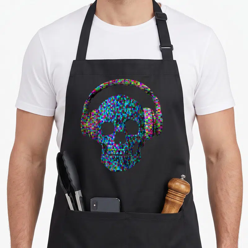 Tablier de cuisine noir avec un crâne en mosaïque multicolore portant des écouteurs.