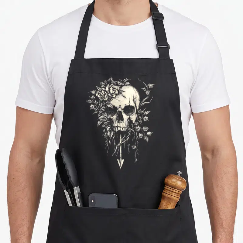 Tablier de cuisine noir avec un crâne orné de roses et de lierre en gravure monochrome.