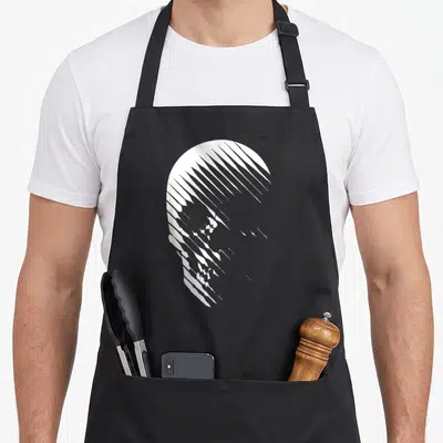 Tablier de cuisine noir avec une tête de mort blanche en lignes diagonales créant un effet d'optique 3D minimaliste.