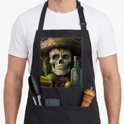 Tablier de cuisine noir avec tête de mort décorée, chapeau mexicain et bouteille de tequila verte.