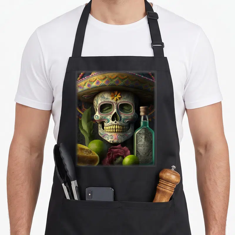 Tablier de cuisine noir avec tête de mort décorée, chapeau mexicain et bouteille de tequila verte.