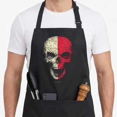 Tablier de cuisine noir avec un crâne stylisé aux couleurs du drapeau polonais blanc et rouge et le texte Poland.
