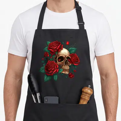 Tablier de cuisine noir avec un crâne entouré de roses rouges et de feuilles vertes.