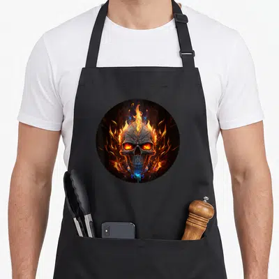 Tablier de cuisine noir avec un crâne enflammé aux yeux rouges et flammes bleues au centre.