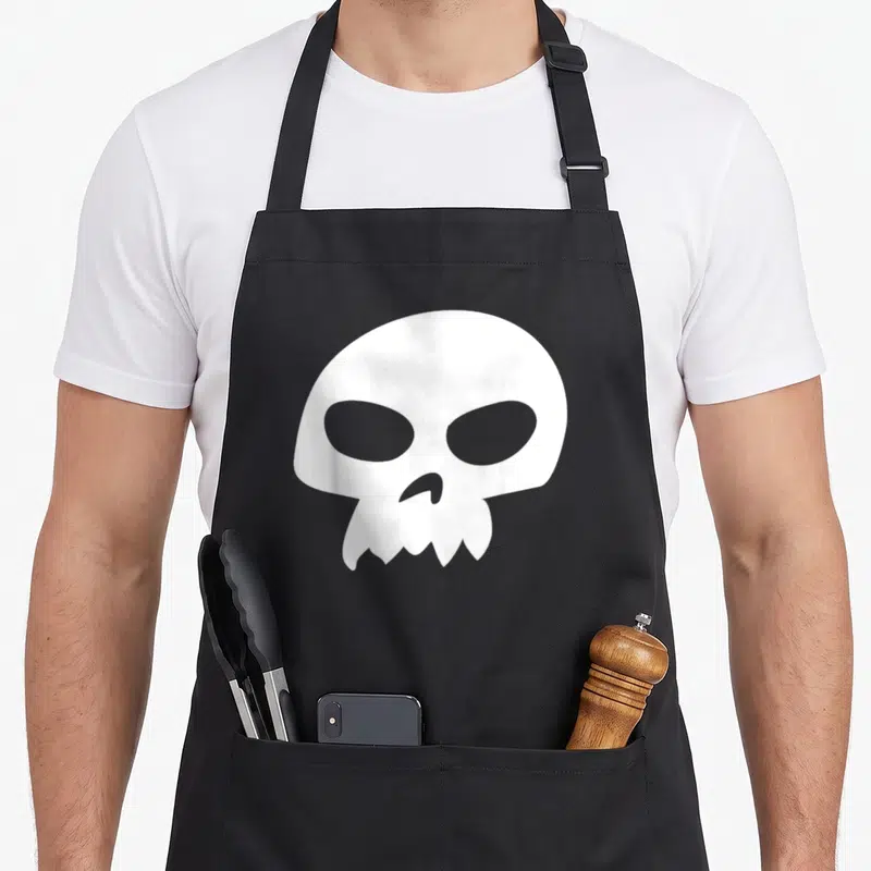 Tablier de cuisine noir avec un grand crâne blanc stylisé au centre.