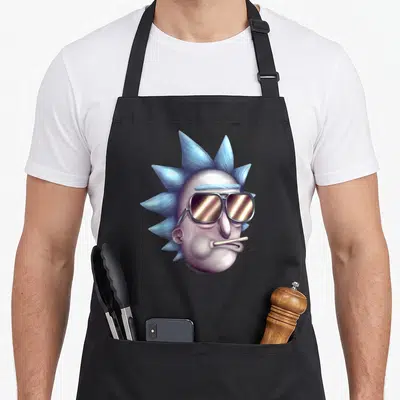 Tablier de cuisine noir avec tête de Rick aux verres miroir et cheveux bleus pointus
