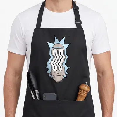 Tablier de cuisine noir avec illustration d'un visage aux yeux ondulés et cheveux bleus pointus.