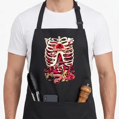 Tablier de cuisine noir avec illustration squelette Anatomy Park rouge et blanche, organs et petits personnages blancs.