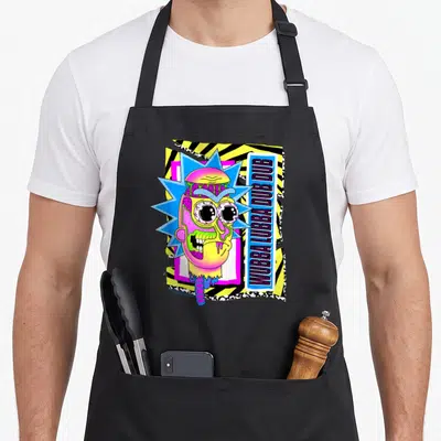 Tablier de cuisine noir avec illustration colorée de Rick et texte Wubba Lubba Dub Dub vertical.