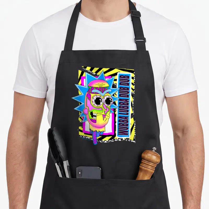 Tablier de cuisine noir avec illustration colorée de Rick et texte Wubba Lubba Dub Dub vertical.