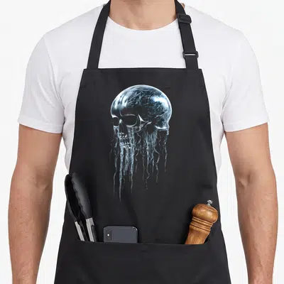 Tablier de cuisine noir avec illustration d'un crâne transparent aux textures liquides et veinures bleutées.