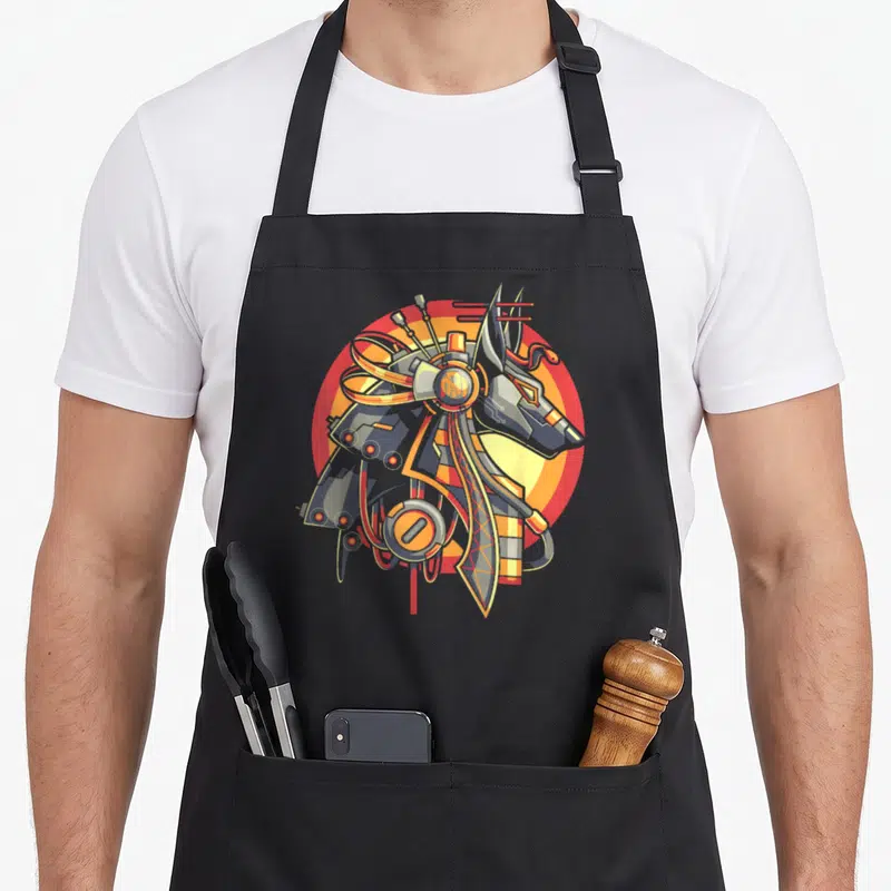Tablier de cuisine noir avec une illustration d'Anubis cyborg aux couleurs orange, rouge et gris sur fond circulaire.