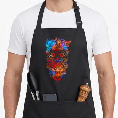 Tablier de cuisine noir avec un crâne sucré hipster aux cheveux et barbe colorés en pastel gothique.