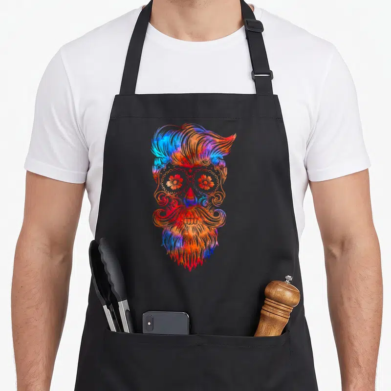 Tablier de cuisine noir avec un crâne sucré hipster aux cheveux et barbe colorés en pastel gothique.