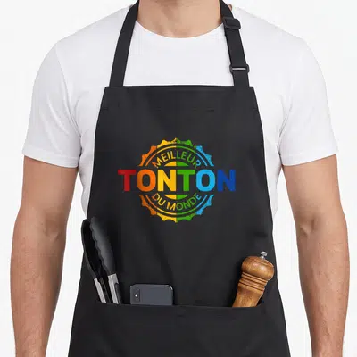 Tablier de cuisine noir avec un logo multicolore affichant Meilleur Tonton du Monde.
