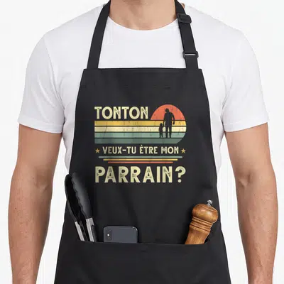 Tablier de cuisine noir avec inscription Tonton veux-tu être mon parrain et silhouette sunset vintage