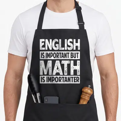 Tablier de cuisine noir avec inscription blanche et grise « English is important but math is importanter » en typographie épaisse.