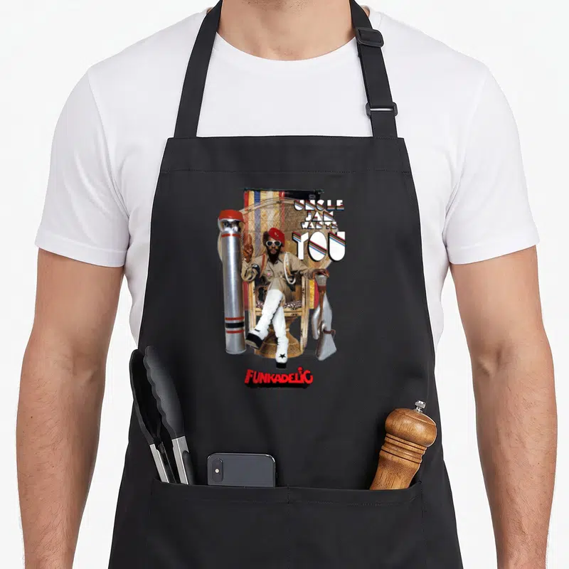 Tablier de cuisine noir avec Uncle Jam Wants You, George Clinton sur un trône et le logo Funkadelic en bas.