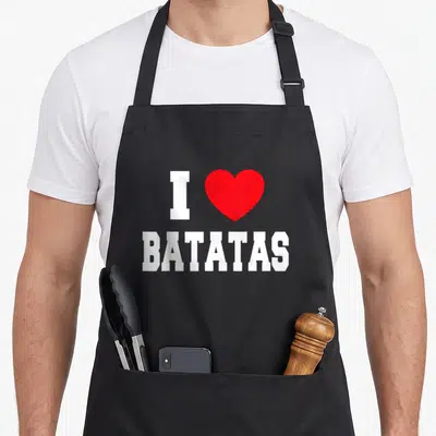 Tablier de cuisine noir avec l'inscription J'aime Batatas et un cœur rouge vif au centre du torse.