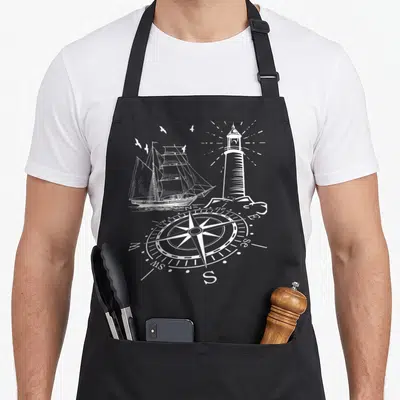 Tablier de cuisine noir avec une illustration blanche représentant un navire, un phare et une boussole nautique.