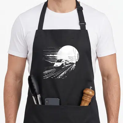 Tablier de cuisine noir avec une illustration blanche d'un train moderne sur des rails devant un cercle lumineux.