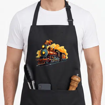 Tablier de cuisine noir avec illustration d'un train de dessin animé vintage aux couleurs chaudes et fumée stylisée.