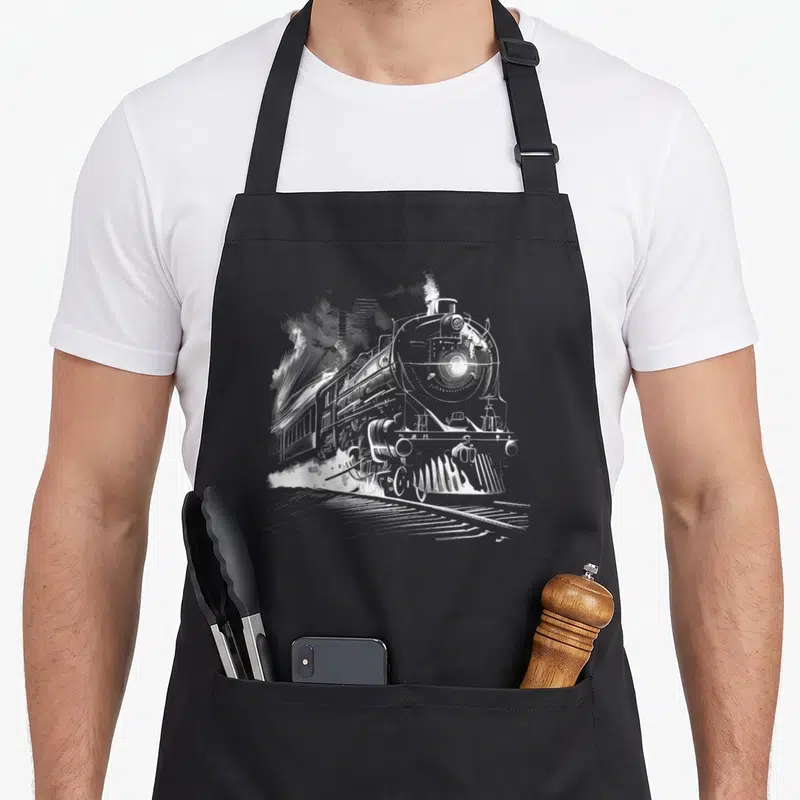 Tablier de cuisine noir avec une illustration blanche d'une locomotive à vapeur vintage en mouvement sur des rails.