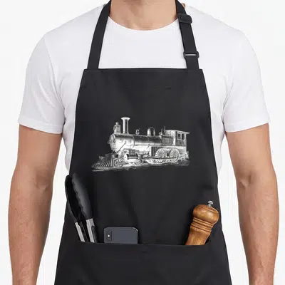 Tablier de cuisine noir avec illustration gravée d'une locomotive à vapeur ancienne sur le devant.