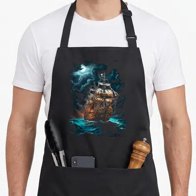 Tablier de cuisine noir avec un grand navire pirate naviguant sur des vagues bleues sous une lune éclairant des nuages sombres.