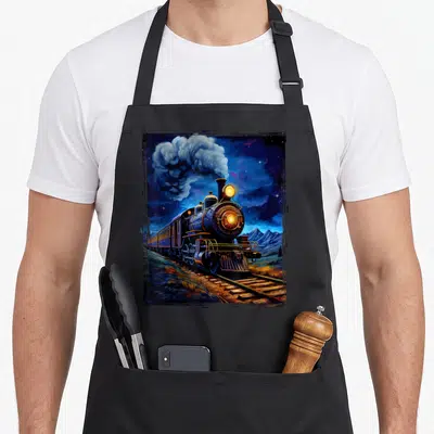 Tablier de cuisine noir avec une illustration colorée d'une locomotive à vapeur voyageant dans un paysage montagneux sous un ciel nocturne étoilé.