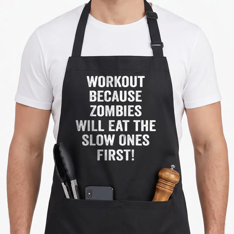 Tablier de cuisine noir avec l'inscription blanche Workout because zombies will eat the slow ones first en typographie capitale usée.