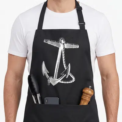 Tablier de cuisine noir avec une grande ancre marine blanche en gravure et une corde enroulée autour.