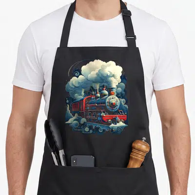 Tablier de cuisine noir avec illustration colorée d'une locomotive vintage et de nuages de vapeur stylisés.