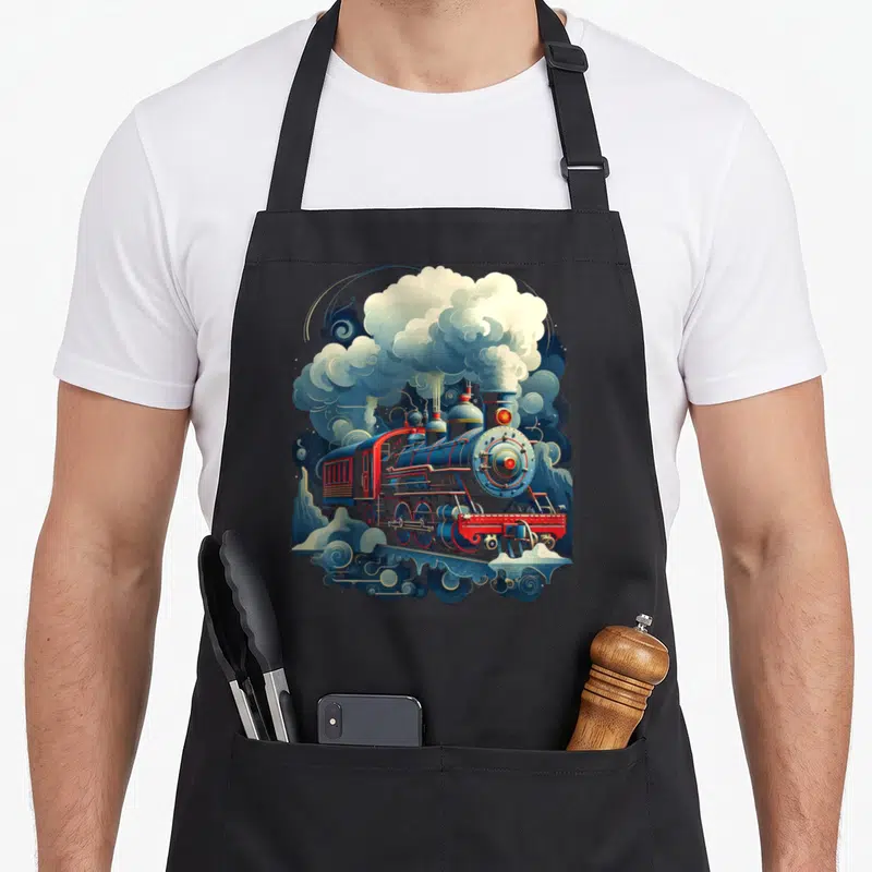 Tablier de cuisine noir avec illustration colorée d'une locomotive vintage et de nuages de vapeur stylisés.