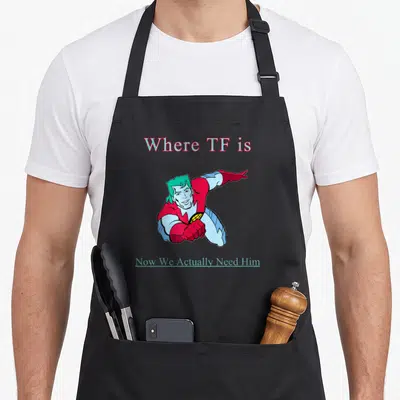 Tablier de cuisine noir avec illustration super-héros et texte Where TF is Now We Actually Need Him