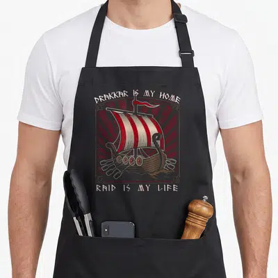 Tablier de cuisine noir avec illustration d'un drakkar aux voiles rouges et blanches et texte Drakkar Is My Home Raid Is My Life.