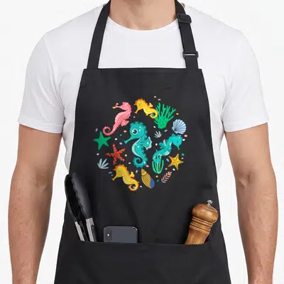 Tablier de cuisine noir avec des hippocampes roses bleus jaunes et des étoiles de mer au centre.