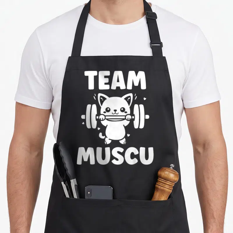 Tablier de cuisine noir avec illustration blanche d'un chat portant une barre de poids et le texte Team Muscu.
